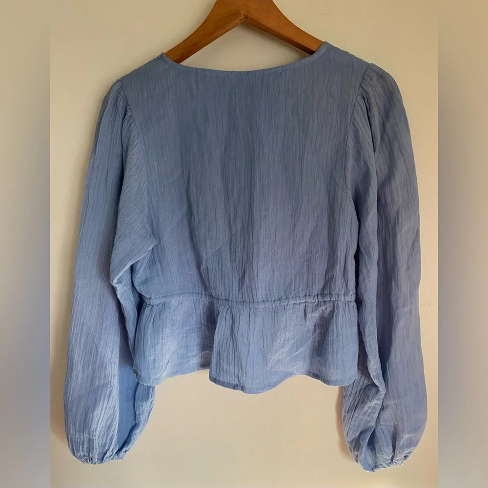 Faithfull The Brand Jacques Top in Chambray Blue Size Small Linen Ruffle Tie - Picture 7 of 8